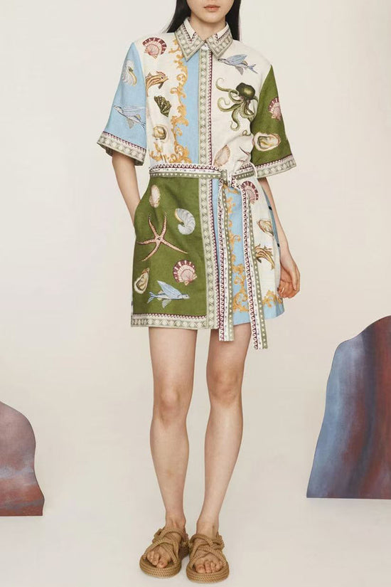 Nautical Print Belted Shirt Dress