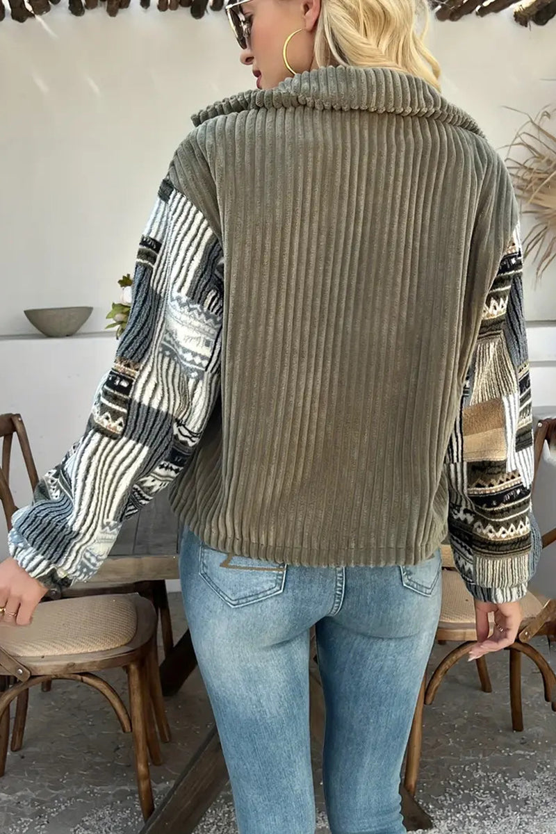 Textured Button-Front Jacket with Patterned Sleeves