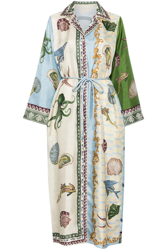 Ocean Print Belted Midi Dress