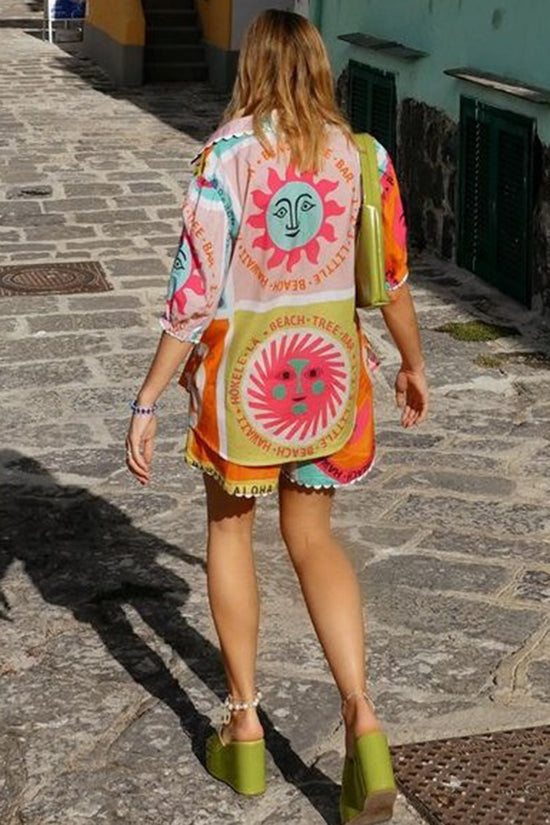 Vibrant Graphic Button-Up Shorts Set