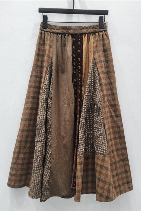 Patchwork Plaid Skirt with Elastic Waist