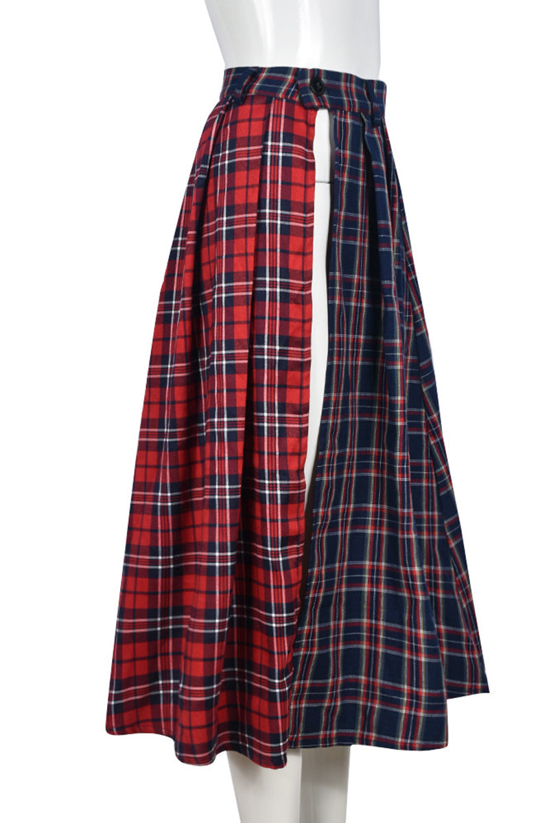 Plaid High Slit Midi Skirt
