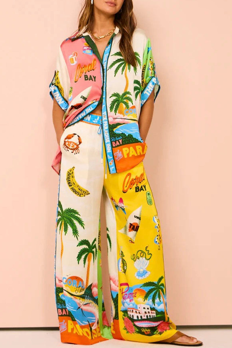 Tropical Print Wide-Leg Pants Set