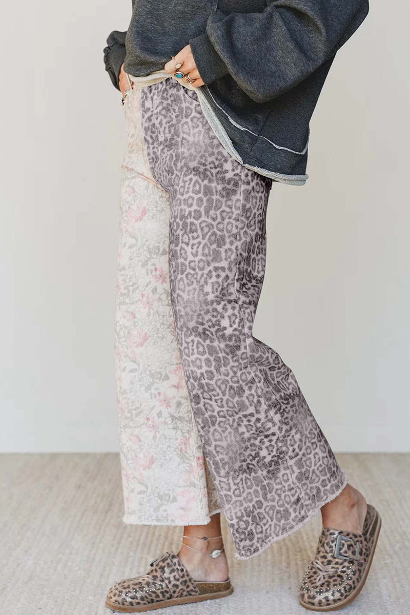 Retro Floral Leopard Contrast Patchwork Jean