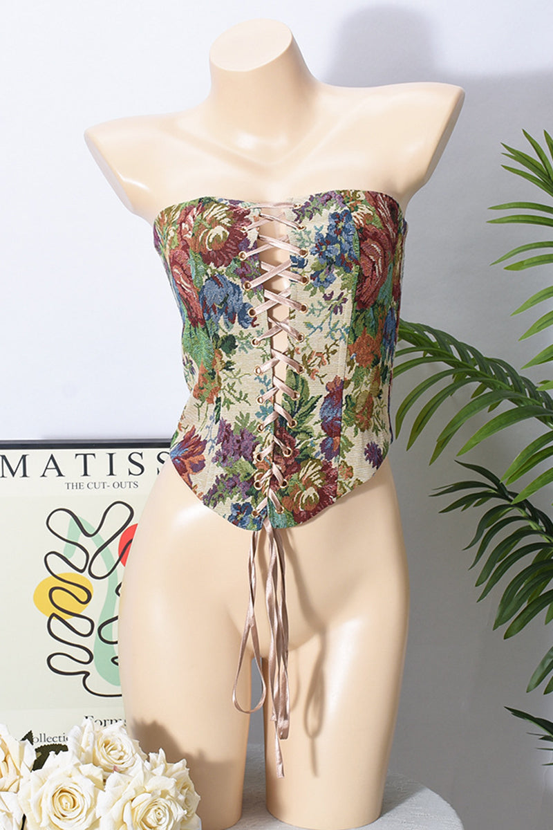 Floral Lace-Up Corset Top