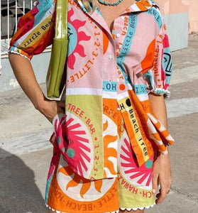 Vibrant Graphic Button-Up Shorts Set
