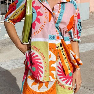 Vibrant Graphic Button-Up Shorts Set