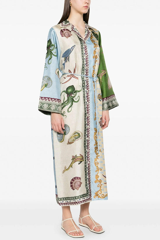 Ocean Print Belted Midi Dress
