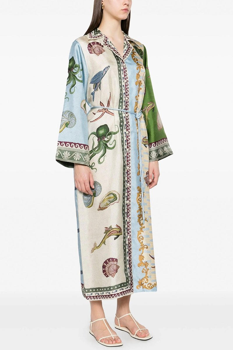 Ocean Print Belted Midi Dress