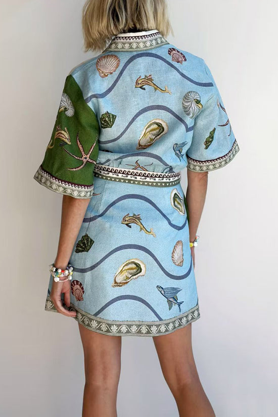 Nautical Print Belted Shirt Dress