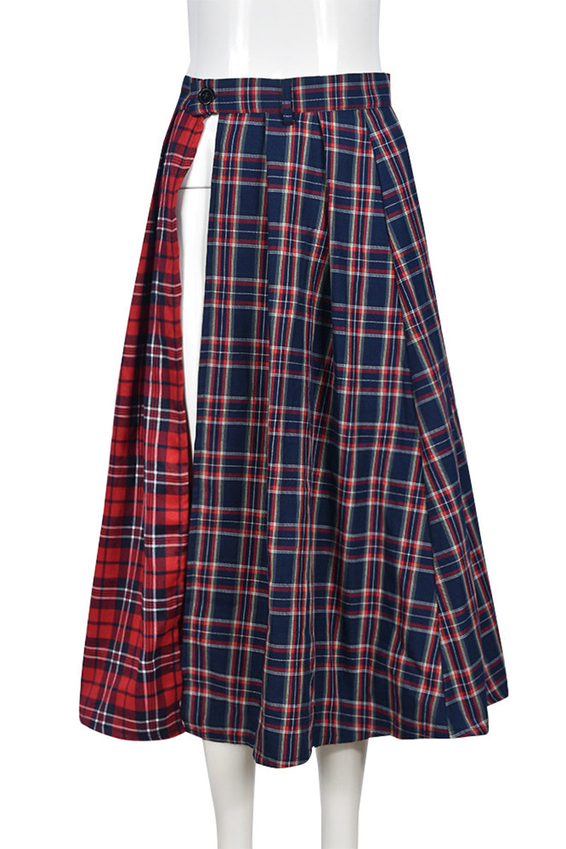 Plaid High Slit Midi Skirt