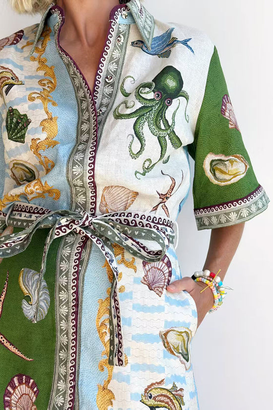 Nautical Print Belted Shirt Dress