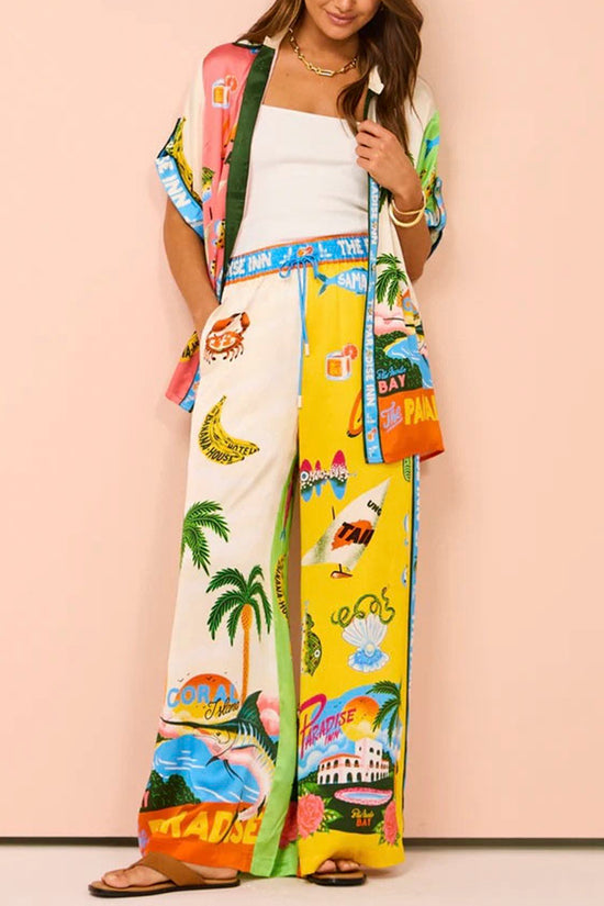 Tropical Print Wide-Leg Pants Set