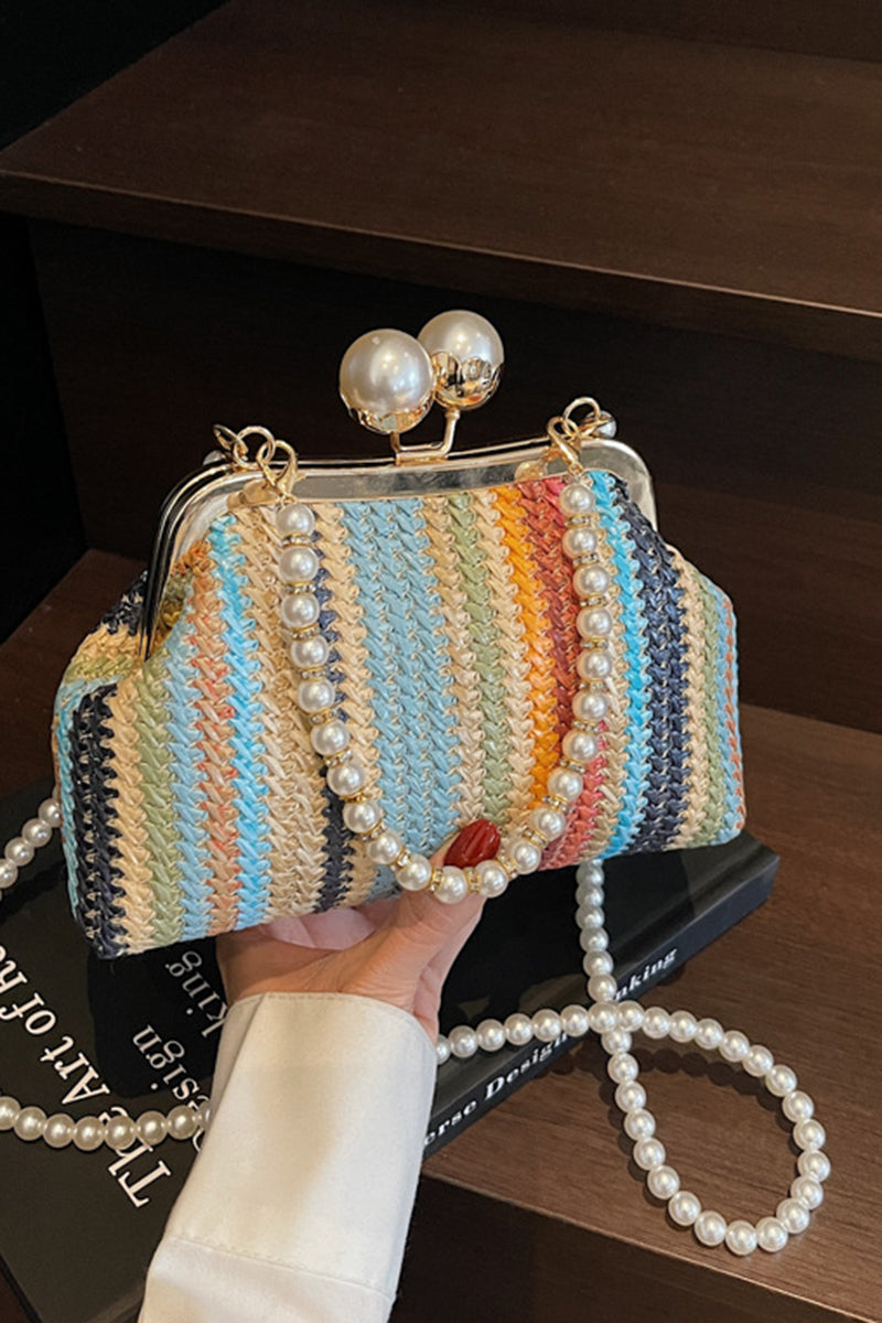 Elegant Pearl Strap Woven Clutch