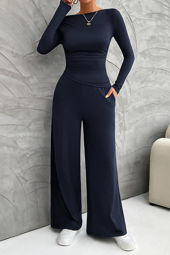 Elegant Long Sleeve Wide-Leg Pants Set