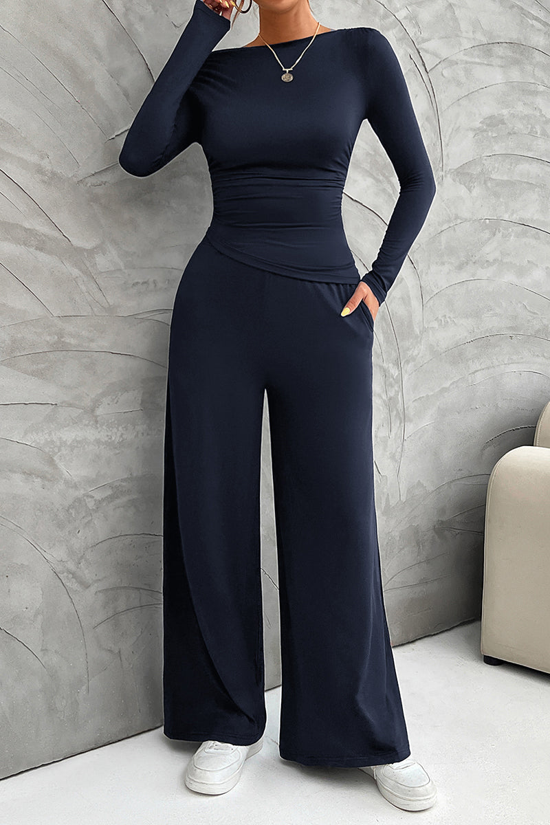 Elegant Long Sleeve Wide-Leg Pants Set