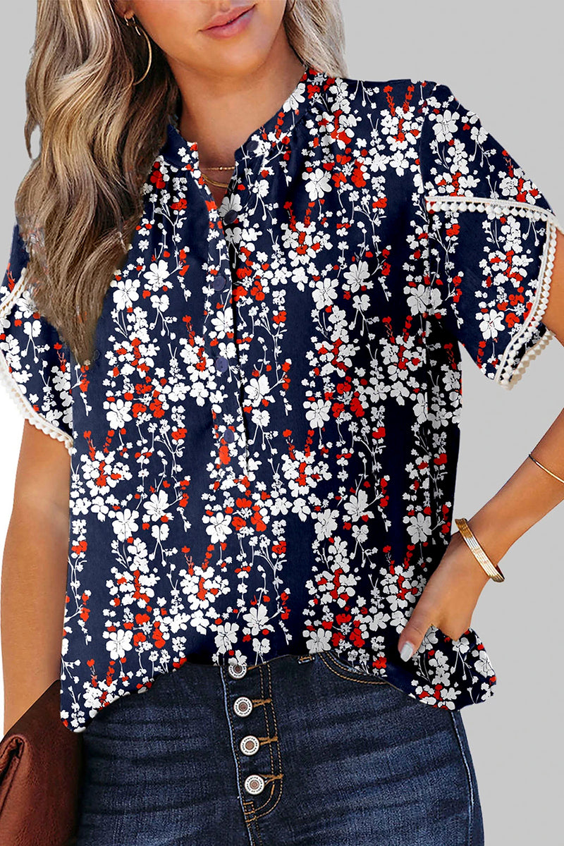 Floral Half Button Lace Trim Blouse