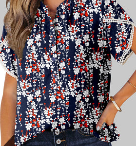 Floral Half Button Lace Trim Blouse
