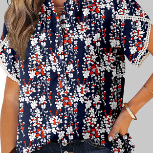 Floral Half Button Lace Trim Blouse