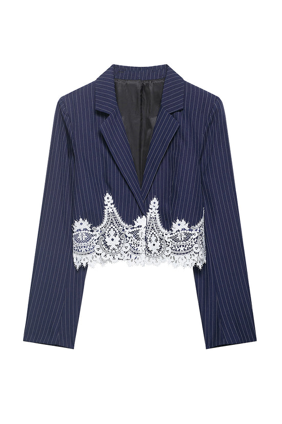 Pinstripe Lace Trim Cropped Blazer