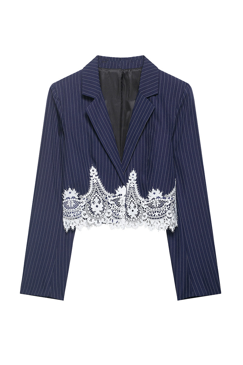 Pinstripe Lace Trim Cropped Blazer