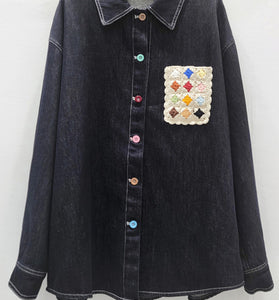 Chic Embellished Button Denim Shirt