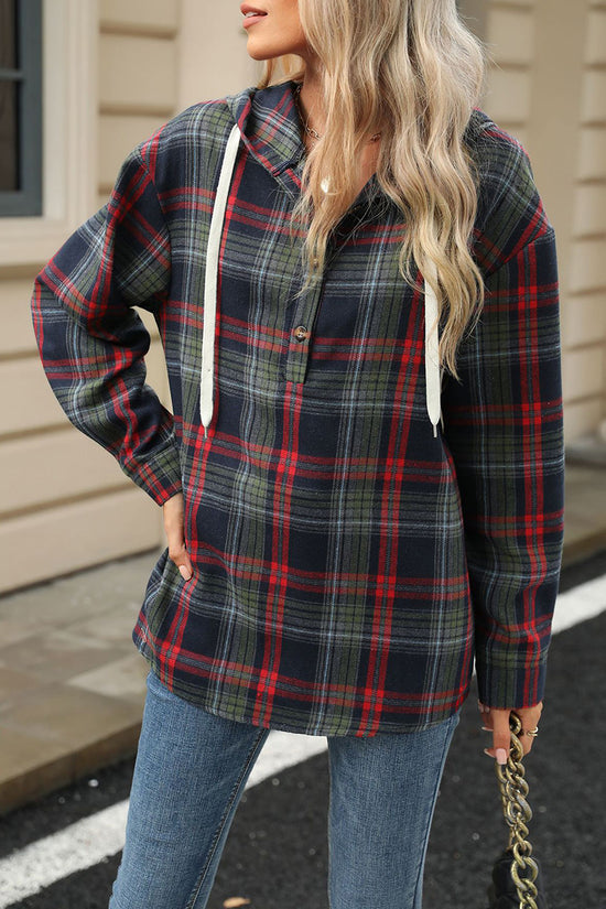 Plaid Hooded Button-Up Blouse