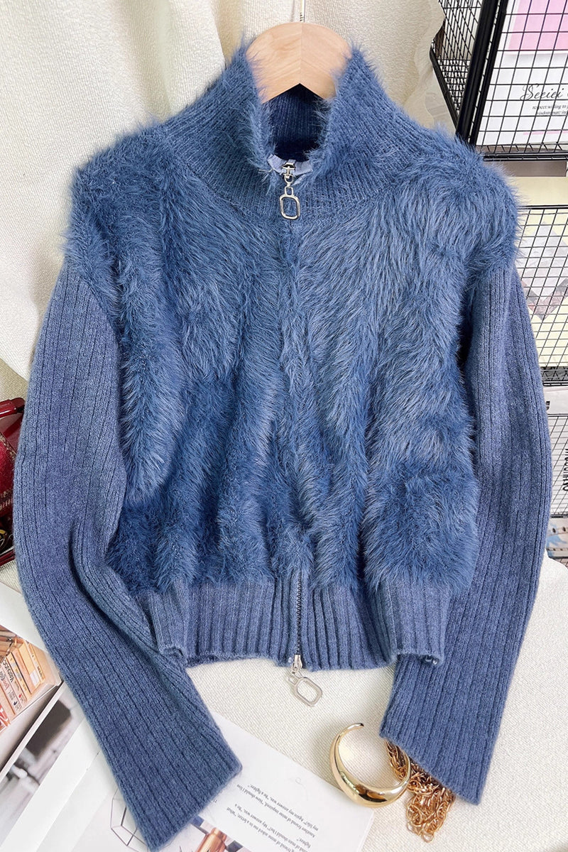 Zip-Up Mock Neck Fuzzy Cardigan