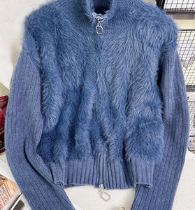 Zip-Up Mock Neck Fuzzy Cardigan