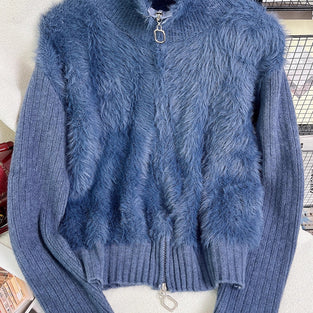 Zip-Up Mock Neck Fuzzy Cardigan
