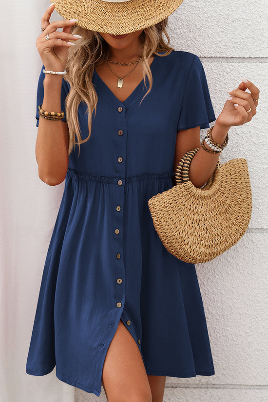 Button-Up V-Neck Casual Dress