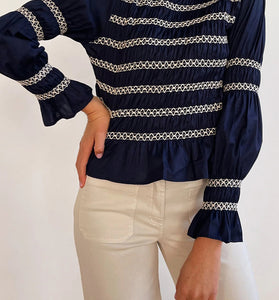 Smocked Pleated Long Sleeve Blouse