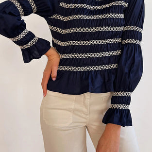 Smocked Pleated Long Sleeve Blouse