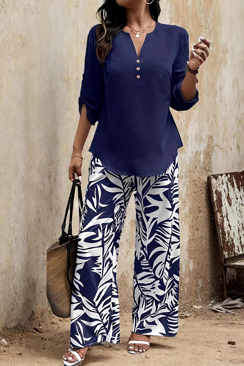 Stylish Buttoned Blouse and Patterned Pants Set