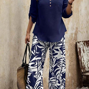 Stylish Buttoned Blouse and Patterned Pants Set