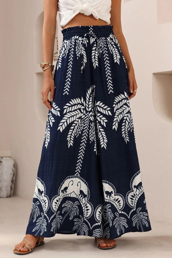 Tropical Print Wide-Leg Casual Pants