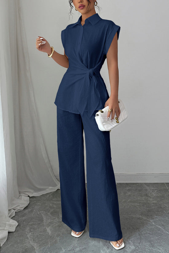 Elegant Sleeveless Shirt and Wide-Leg Pants Set