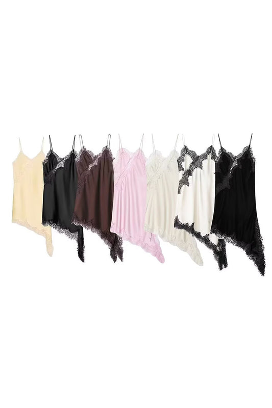Asymmetrical Hem Lace Trim Slip Dress