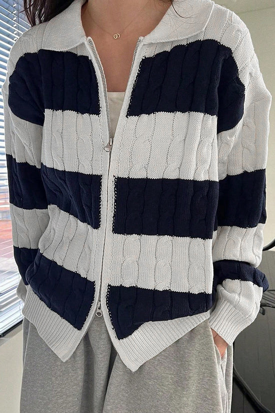 Striped Cable Knit Zip-Up Cardigan