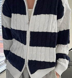 Striped Cable Knit Zip-Up Cardigan