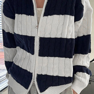 Striped Cable Knit Zip-Up Cardigan