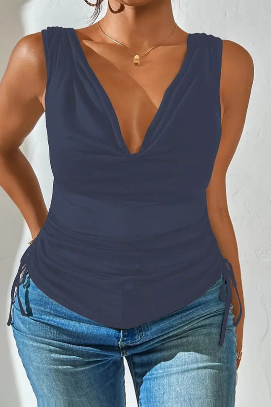 Draped V-Neck Mesh Ruched Tank Top
