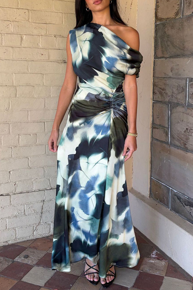 One-Shoulder Ruched Long Casual Dress