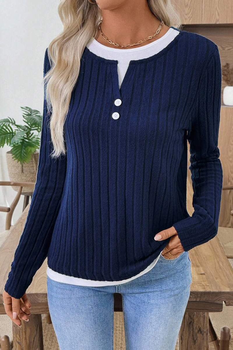 Ribbed Button Detail Long Sleeve Top