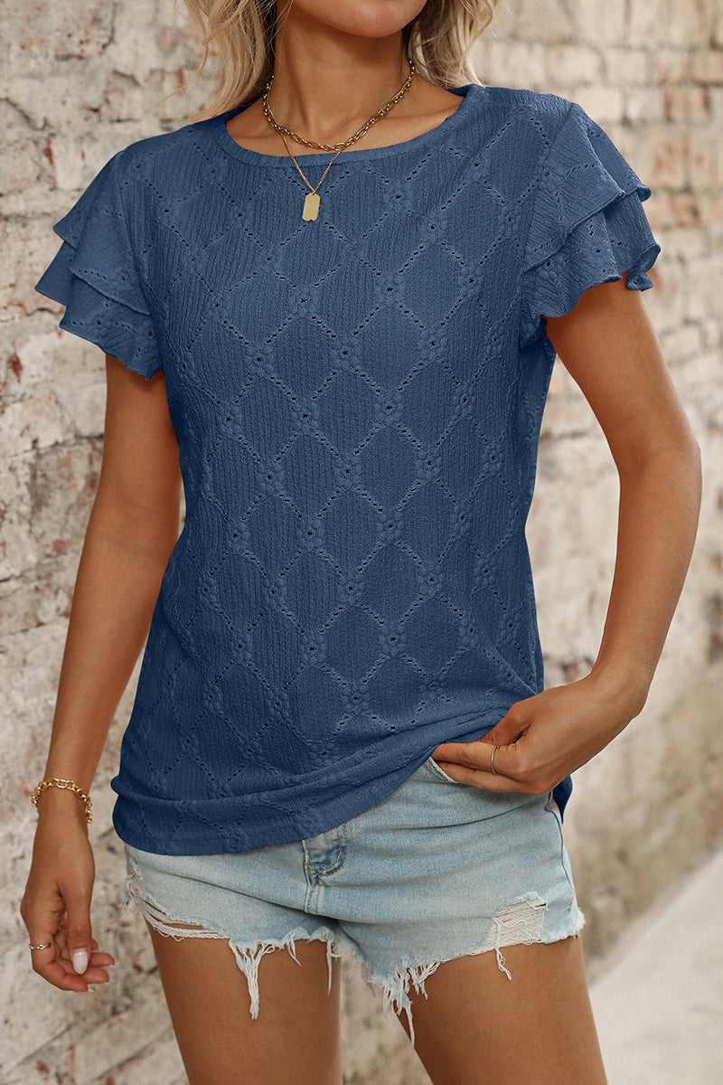 Ruffled Sleeve Eyelet T-Shirt