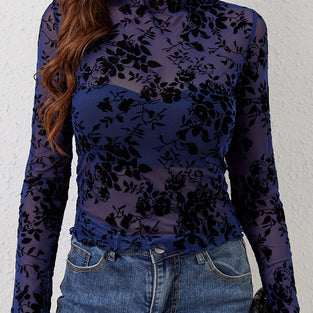 Floral Patterned Long Sleeve Sheer Top