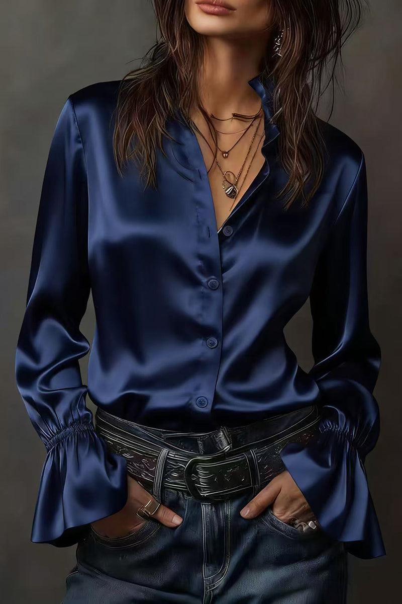 Ruffled Long Sleeve Button-Up Blouse