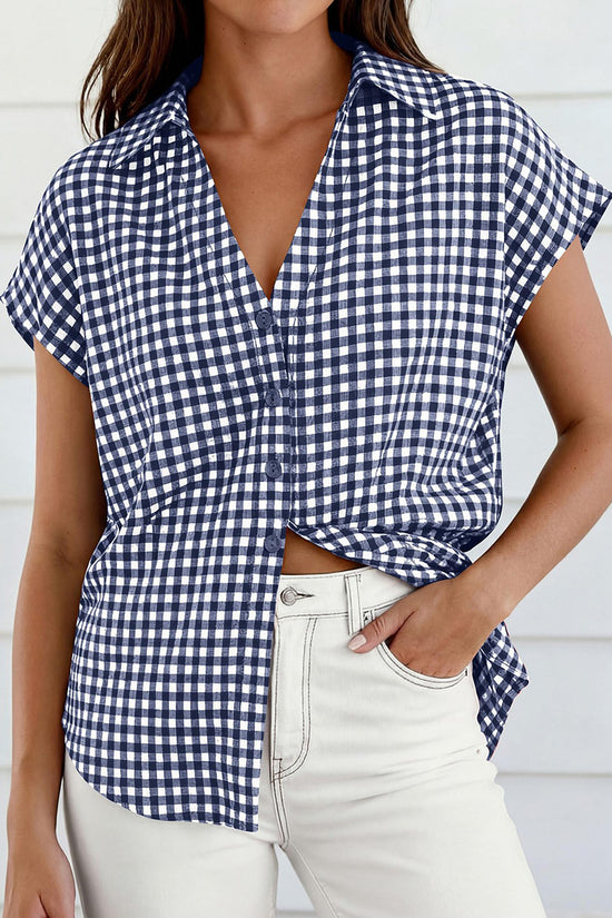Checkered Tie-Front Short Sleeve Blouse
