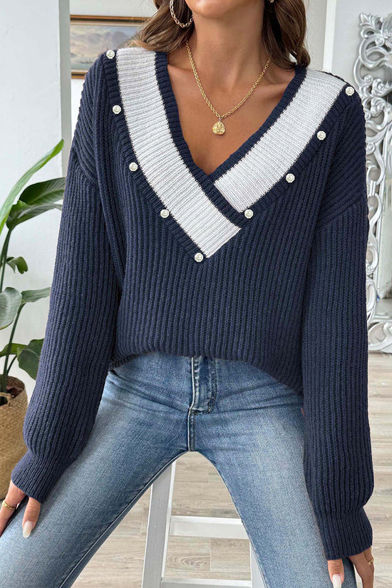 V-Neck Pearl Accent Sweater