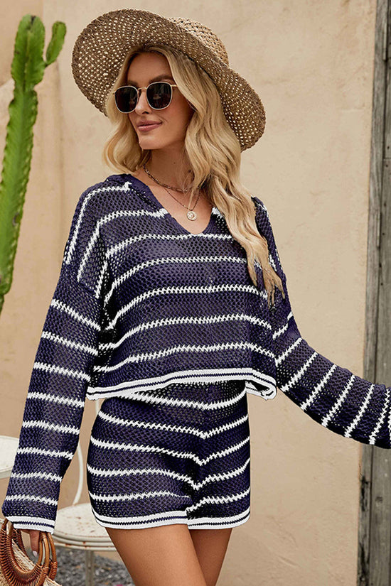 Striped Open-Knit Hooded Shorts Set